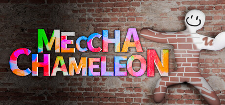 Meccha Chameleon official key art - a white chameleon painted like a brick wall